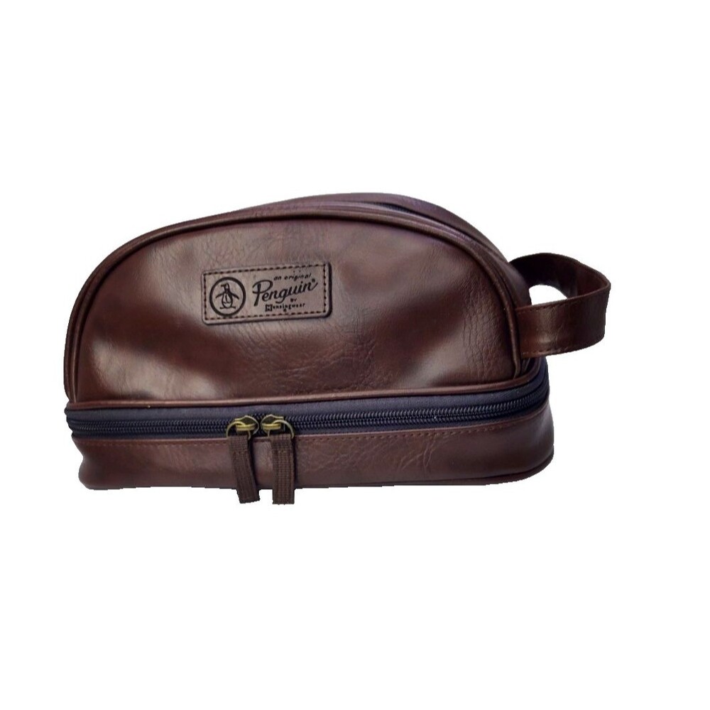 Mens Original Penguin by Munsingwear Brown Faux Leather Toiletry Travel Dopp Bag